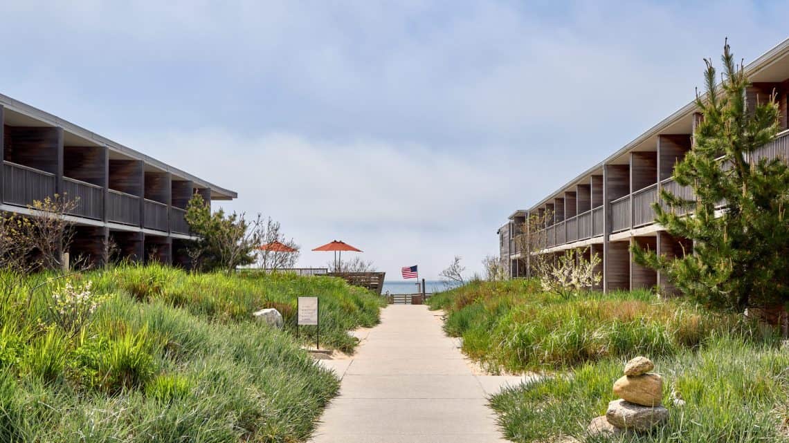 Marram Montauk resort exterior with dune pathway and ocean views