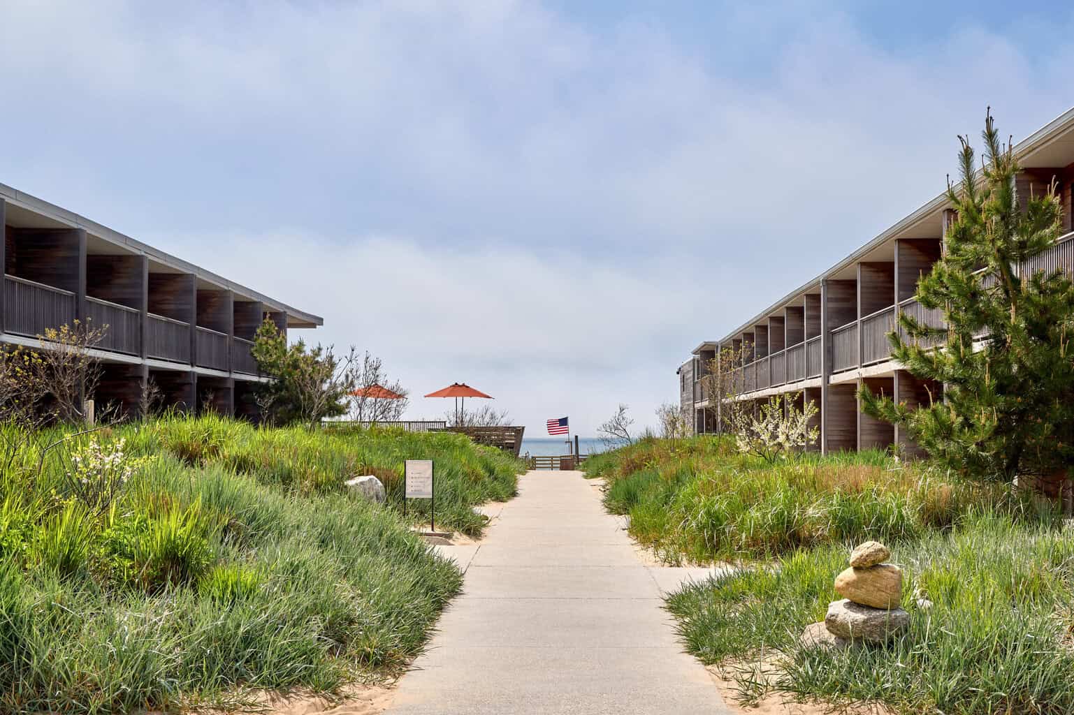 Marram Montauk resort exterior with dune pathway and ocean views