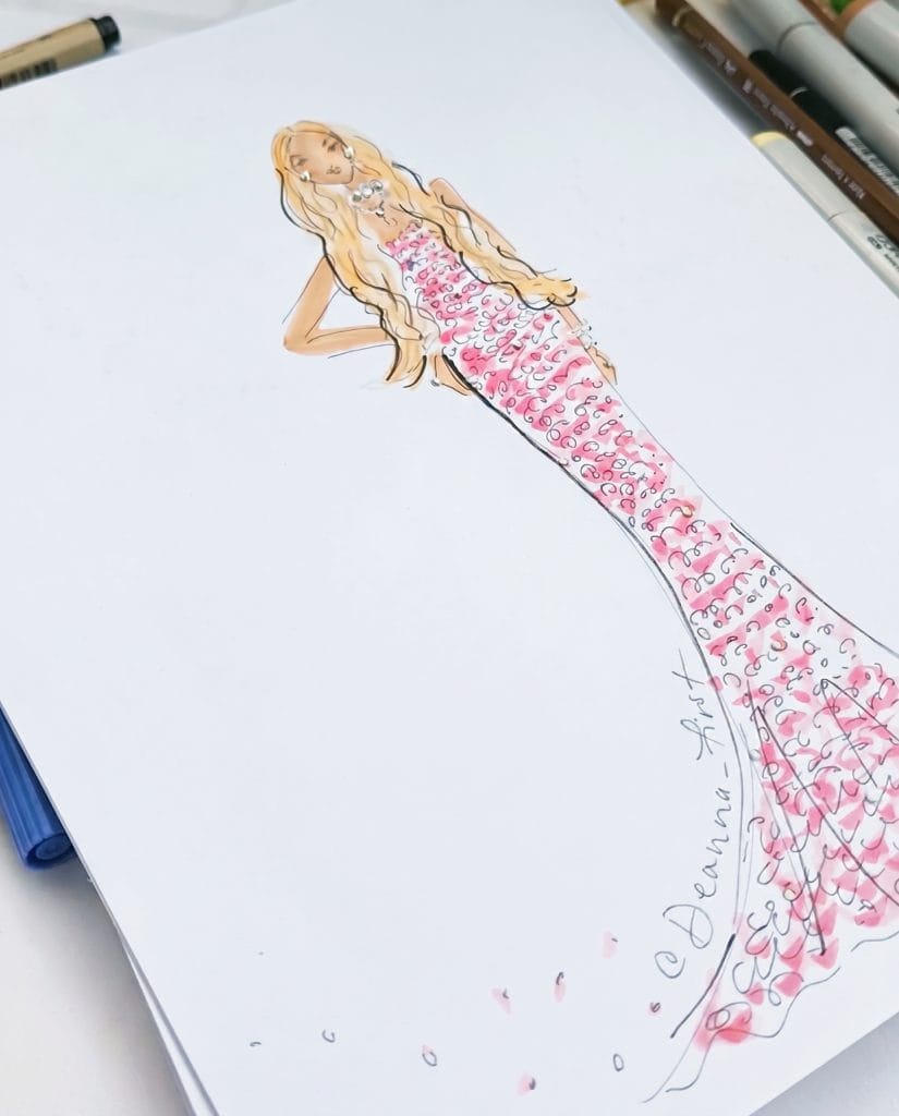 Hand-drawn fashion illustration of a pink gown by Deanna First