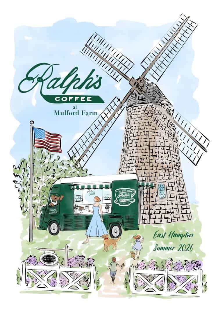 Illustration of Ralph's Coffee at Mulford Farm in East Hampton, featuring the Ralph's Coffee truck, the historic Mulford Farm windmill, and summer 2026 residency artwork.