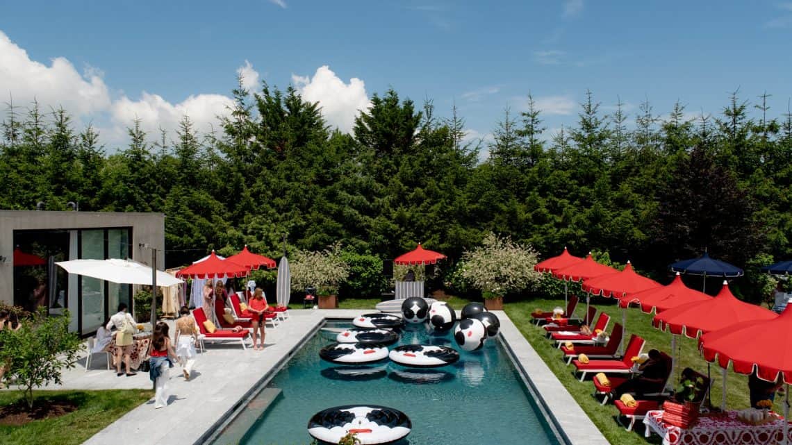 Poolside setup at the ALICE + OLIVIA summer party in Water Mill