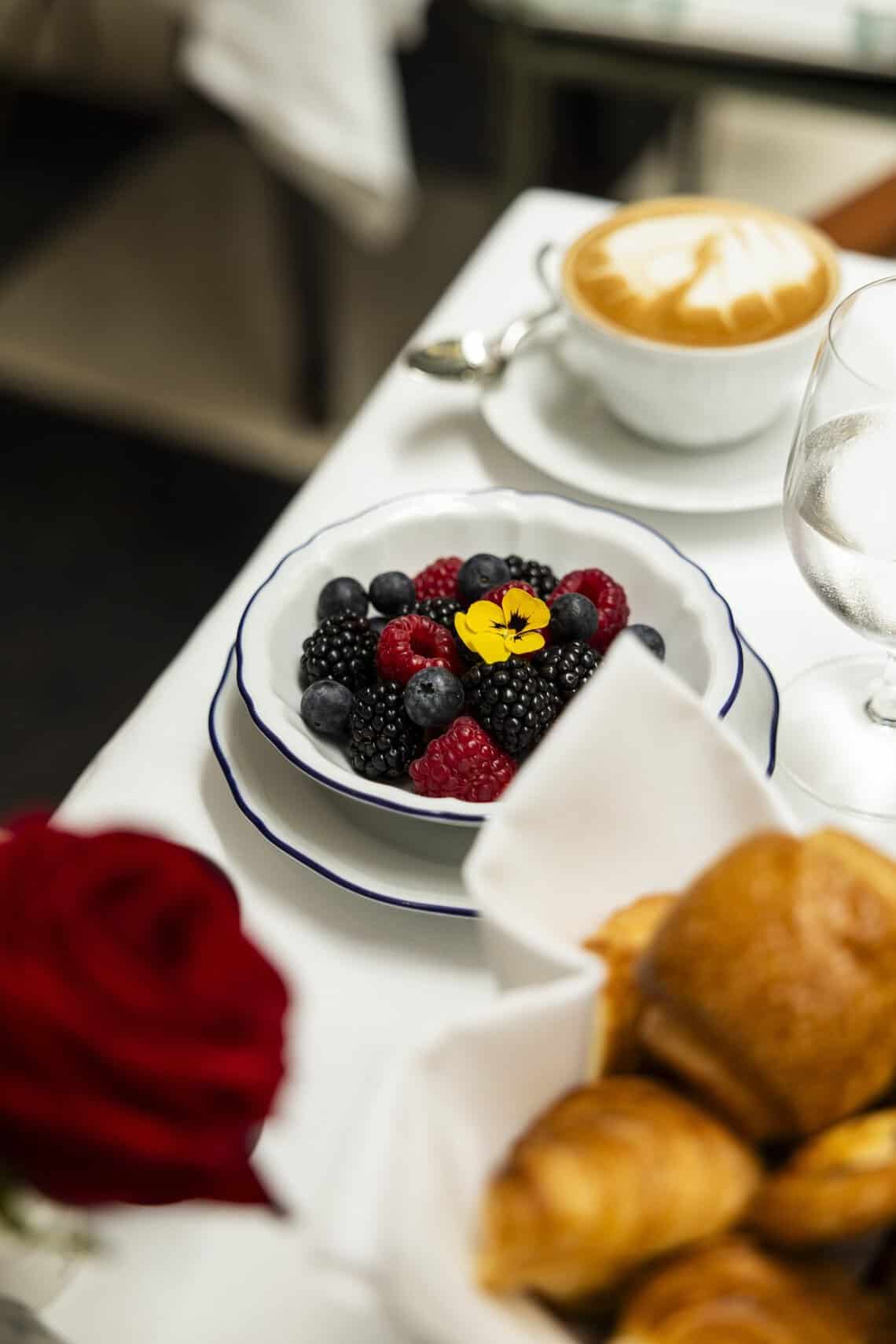 Breakfast pastries, berries and coffee at J.K. Place Paris