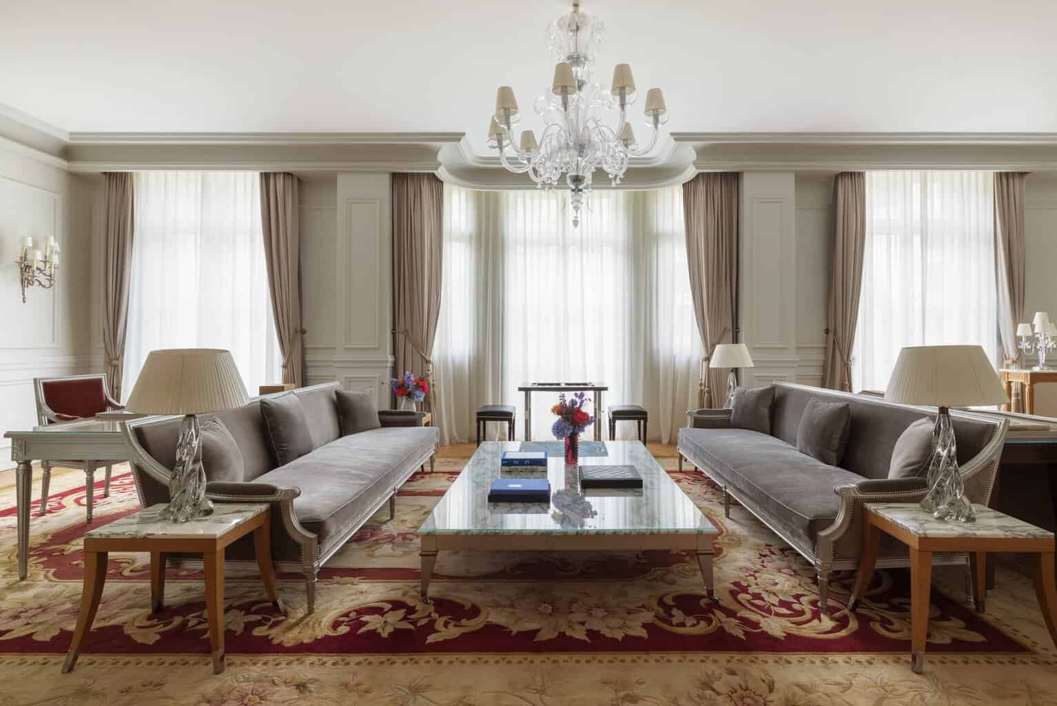 A chandelier-lit salon at Le Royal Monceau Raffles Paris