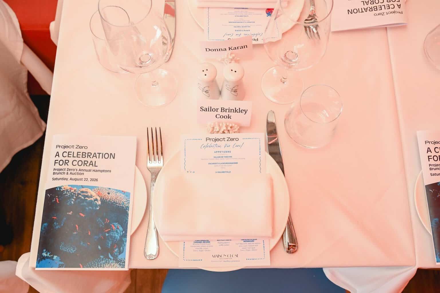 Table setting for Project Zero's A Celebration for Coral brunch and auction