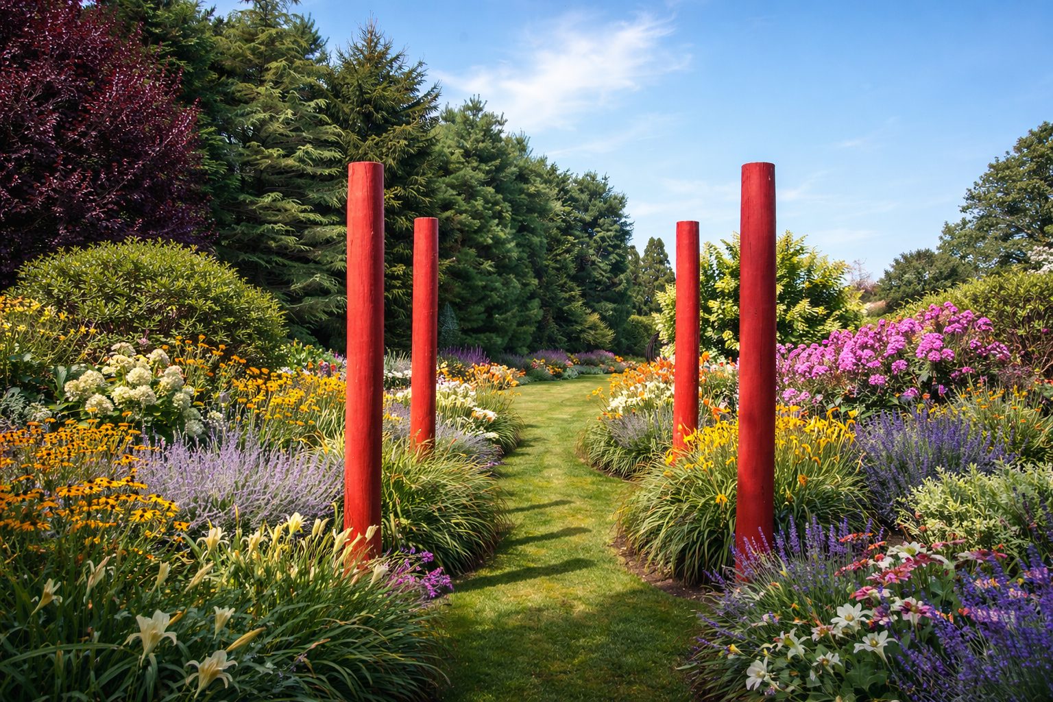 A vividly colorful Hamptons garden by Unlimited Earth Care with bold red focal points