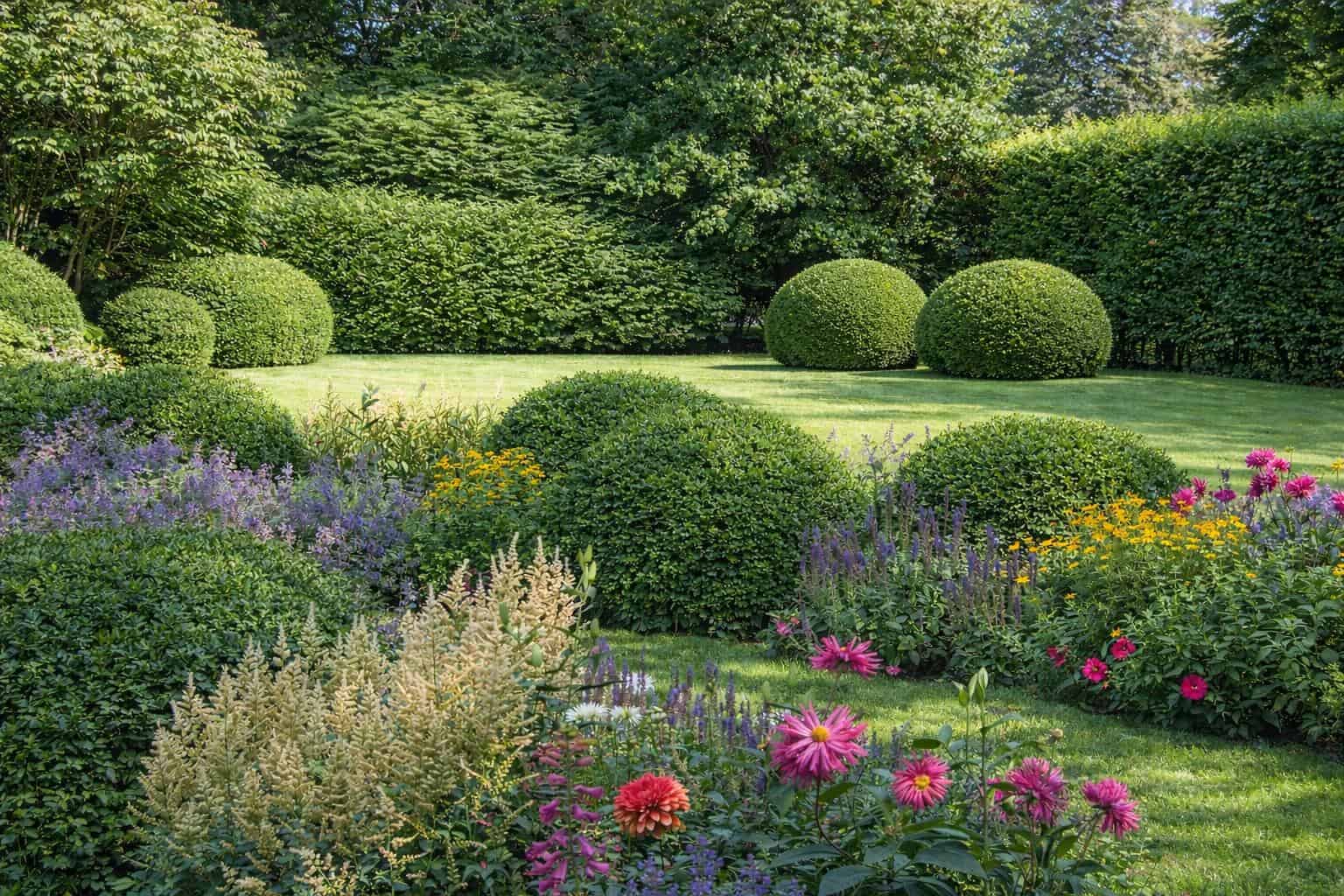 Trimmed boxwood spheres and layered plantings in a Hamptons garden by Unlimited Earth Care