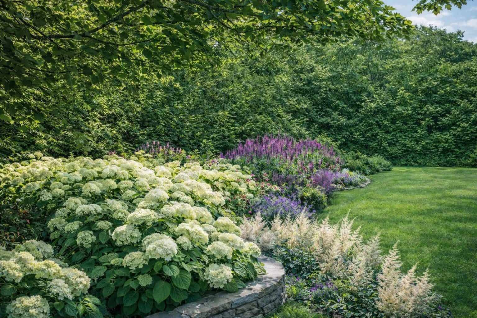 White hydrangeas along a hedge and lawn in a Hamptons garden by Unlimited Earth Care