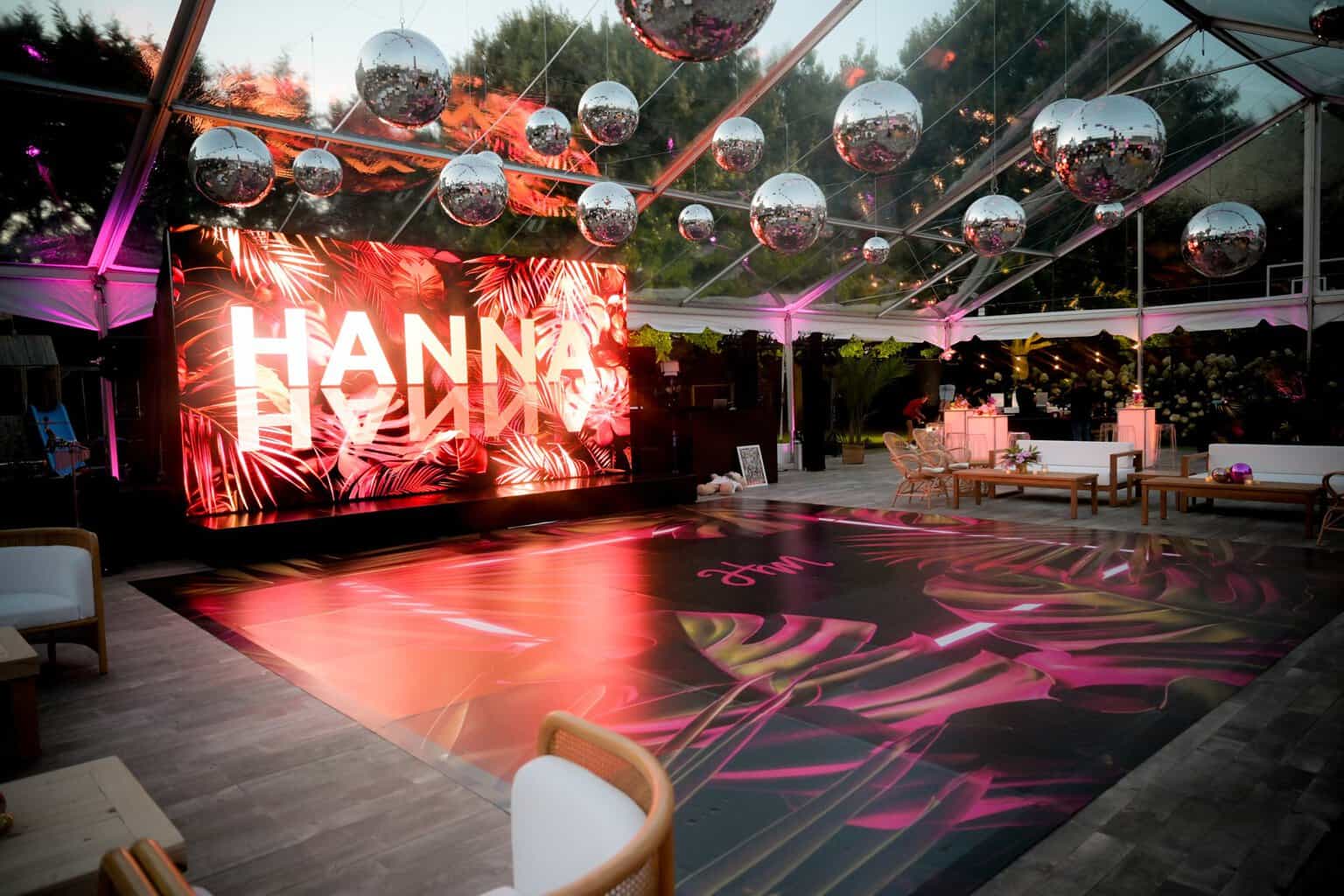 A custom dance floor and production by Decco at a Hamptons party