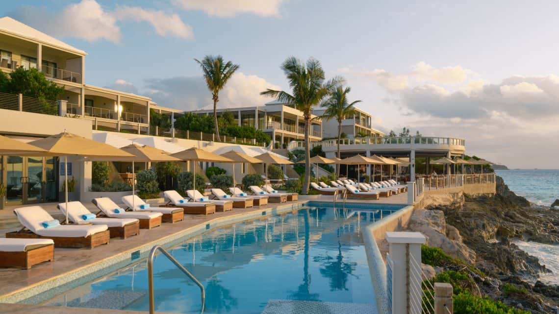 The Loren at Pink Beach resort and pools above the Bermuda shoreline