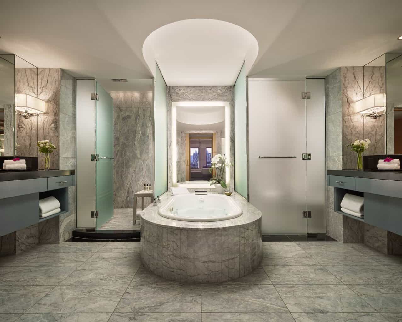 Marble suite bathroom with soaking tub at Mandarin Oriental, Boston