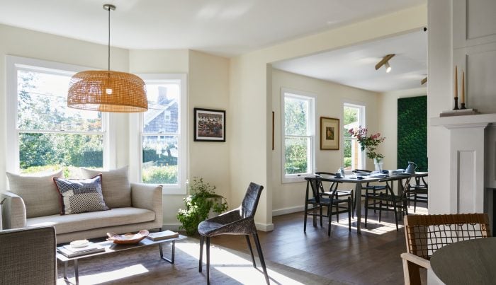 The living and dining space at The Roundtree, home to Nourish in Bridgehampton